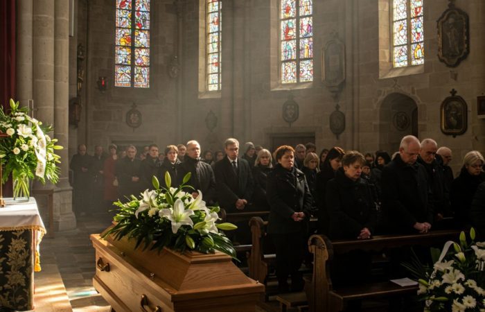 Cérémonie funéraire dans une église à Pontarlier, France, avec un cercueil en bois clair orné de lys blancs au premier plan et des personnes en deuil assises sur des bancs en arrière-plan.