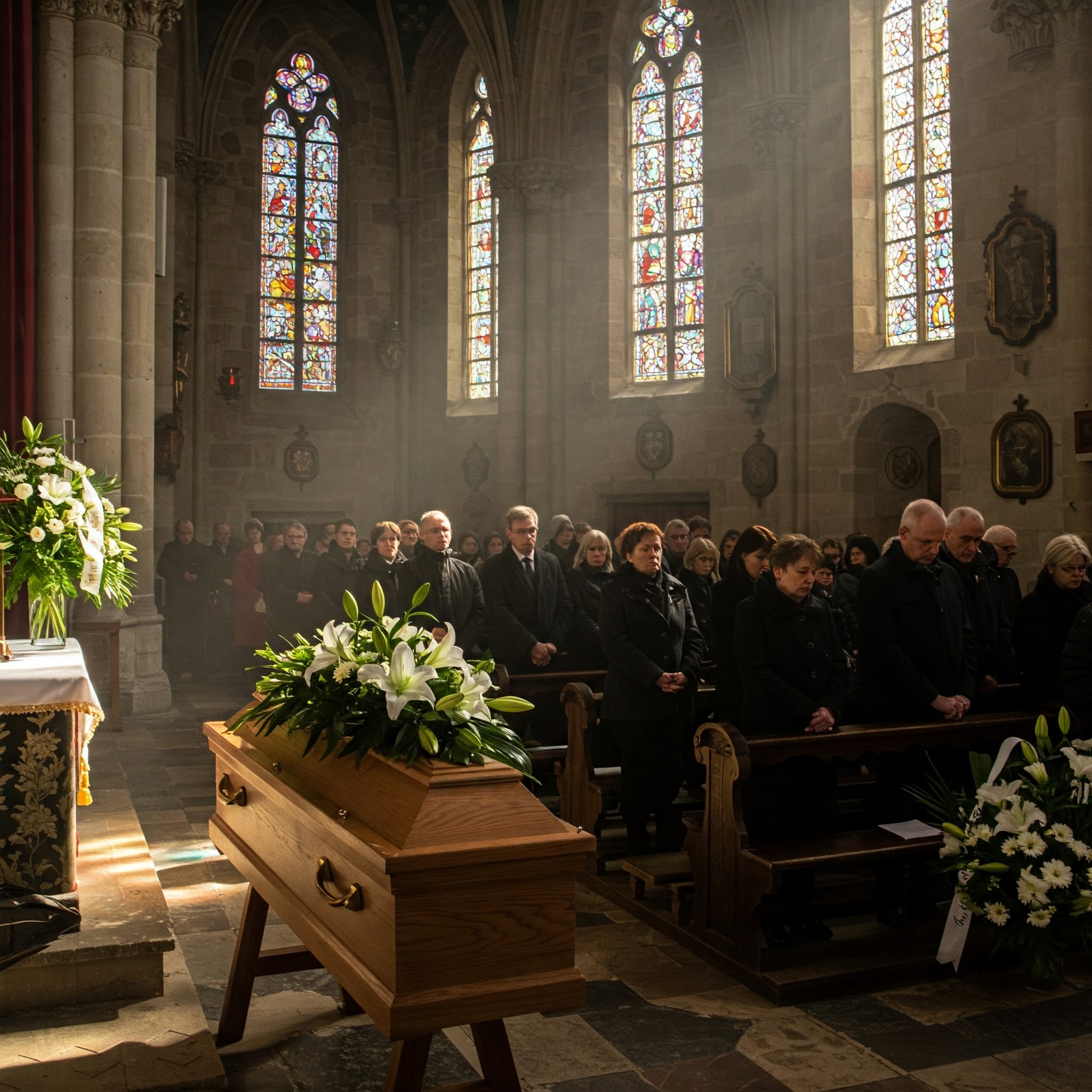 Gemini_Generated_Image_5joh125joh125joh Cérémonie funéraire dans une église à Pontarlier, France, avec un cercueil en bois clair orné de lys blancs au premier plan et des personnes en deuil assises sur des bancs en arrière-plan.